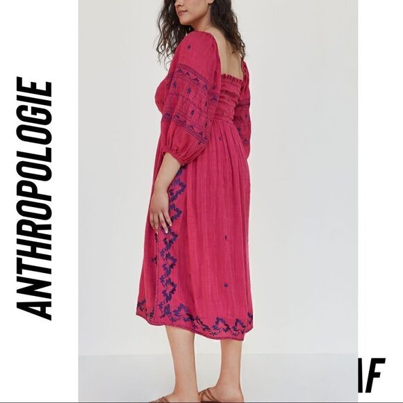 ANTHROPOLOGIE BONNIE SMOCKED MIDI DRESS NEW MAGENTA COMBO MEDIUM - Picture 5 of 16